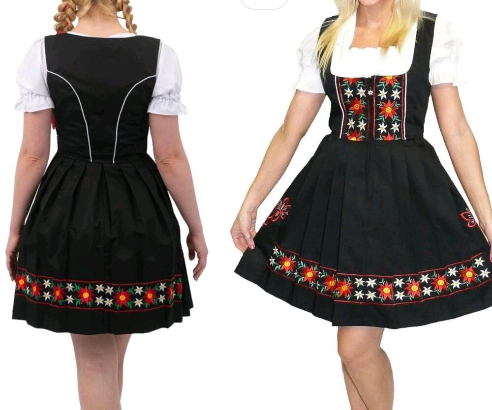 German Oktoberfest Dirndl Trachten Dress Short Black Floral EMBROIDERED 32 Small